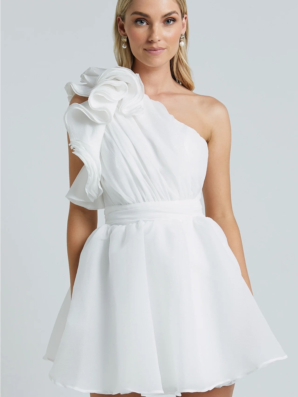 NWT Showpo White One-Shoulder Ruffle Mini Dress